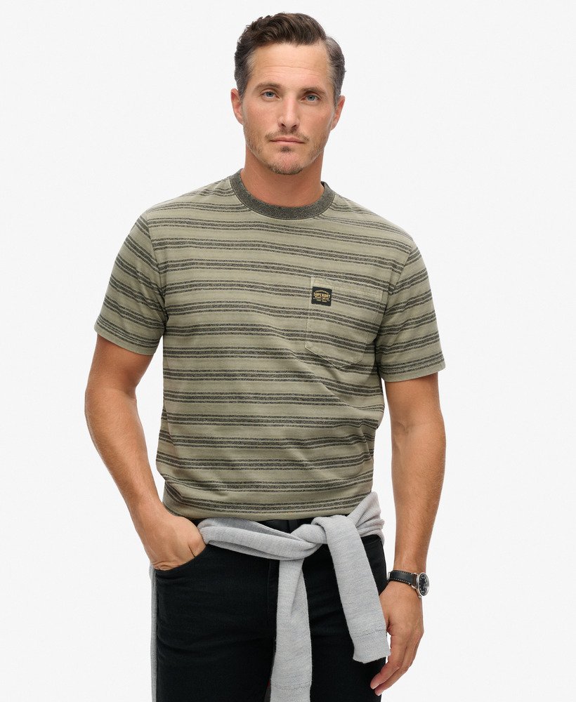 Superdry Logo Textured Stripe Pocket T-Shirt | Washed Olive Stripe