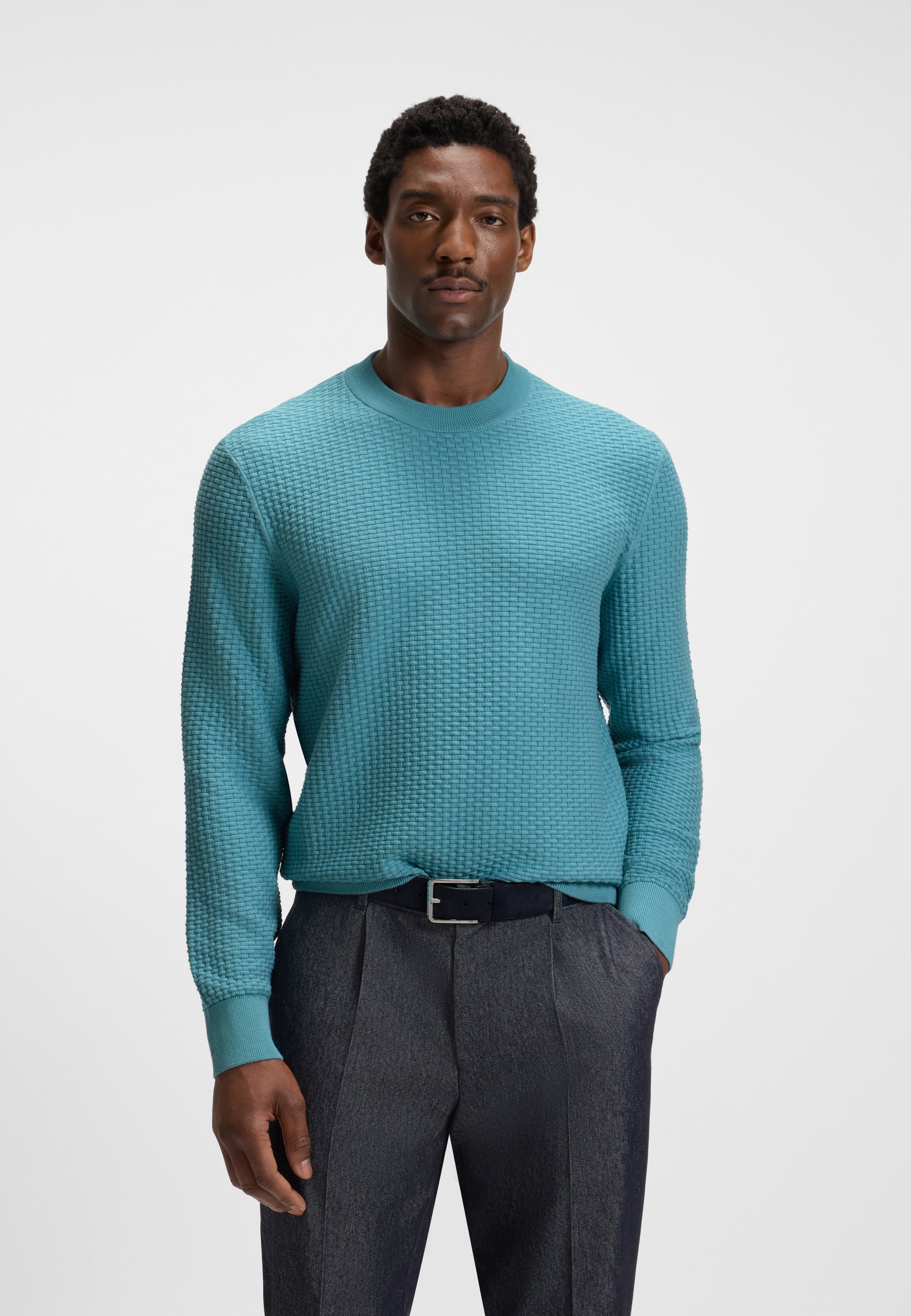 BOSS Imberto Basketweave Cotton Knit | Teal – LIFE FOR MEN