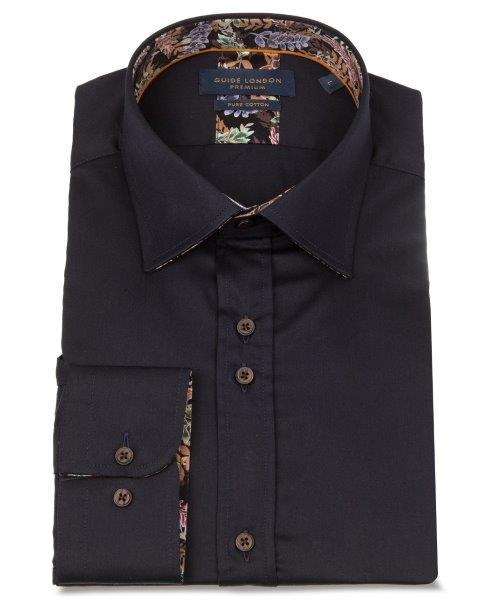 Guide London Cotton Sateen Long Sleeve Shirt | Navy